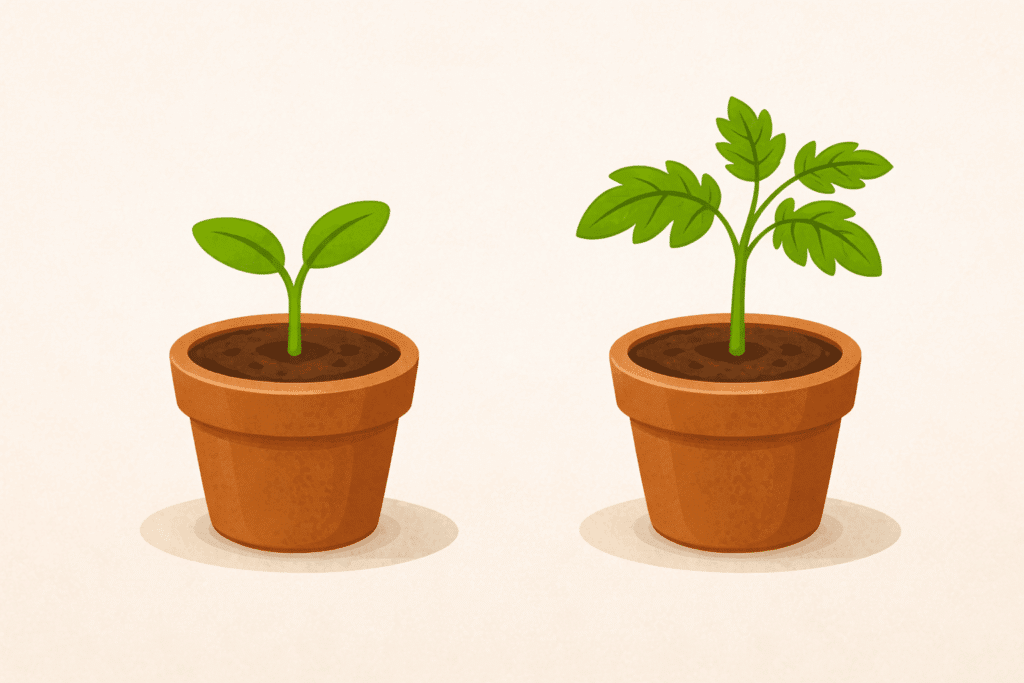 Tomatenkeimling mit Keimblättern und Tomatenpflanze mit echten Blättern im Vergleich