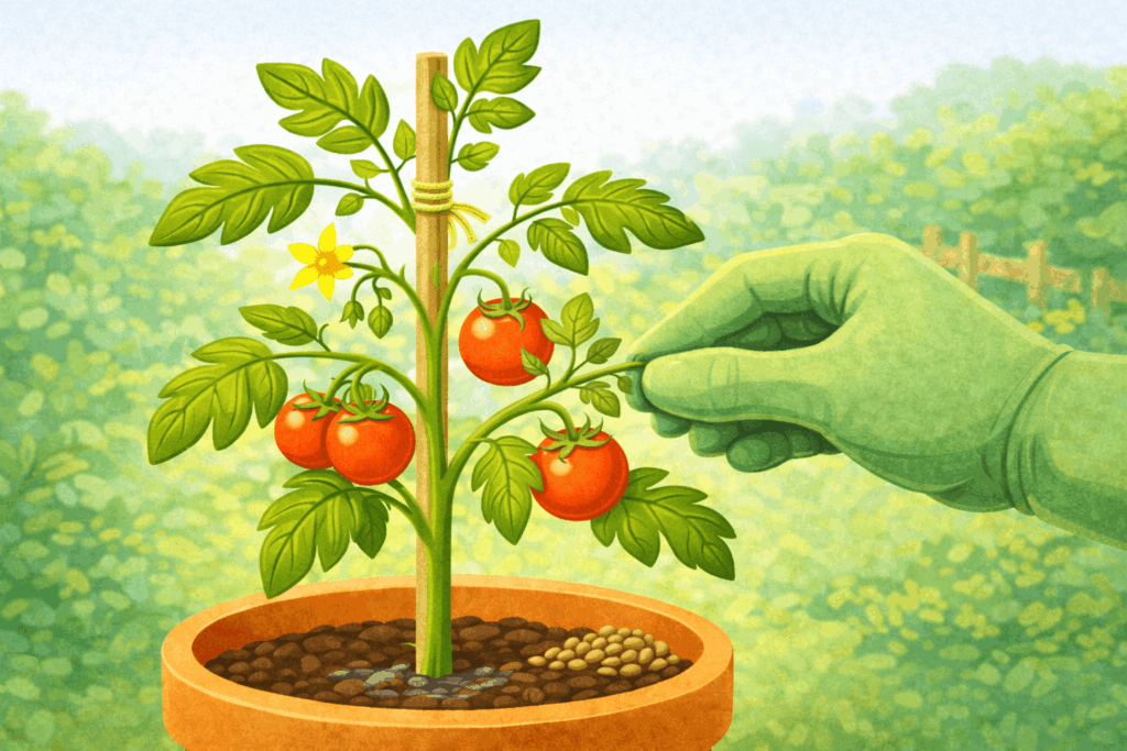 Tomaten ausgeizen und mit Stab abstützen