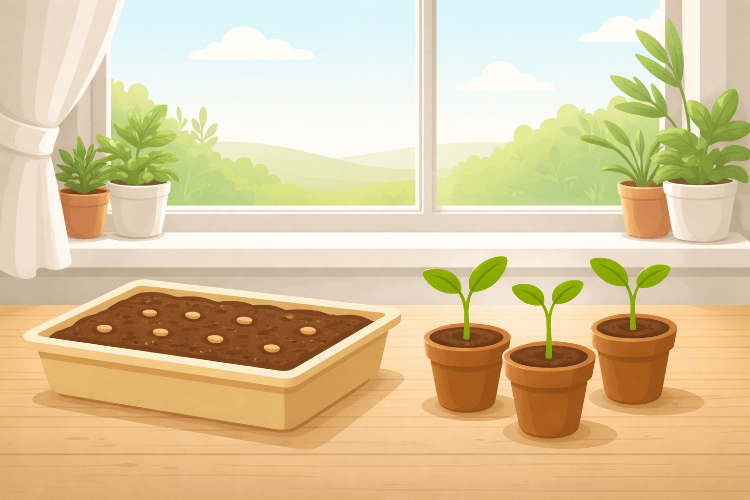 Tomaten aussäen in einer Anzuchtschale auf der Fensterbank