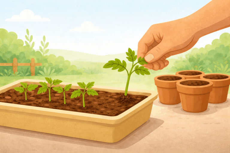 Tomaten pikieren: Ein Tomatenkeimling wird vorsichtig aus der Anzuchtschale genommen