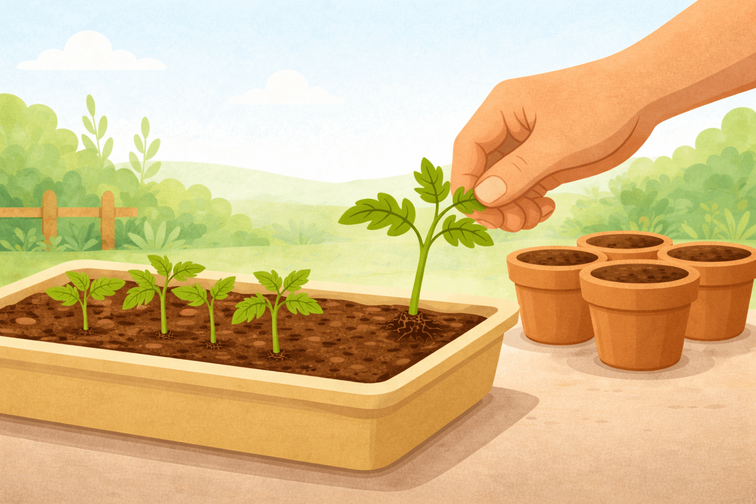 Tomaten pikieren: Ein Tomatenkeimling wird vorsichtig aus der Anzuchtschale genommen