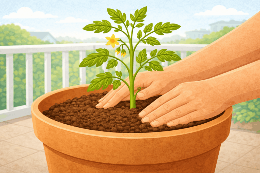 Tomatenpflanze wird beim Umtopfen tiefer eingesetzt