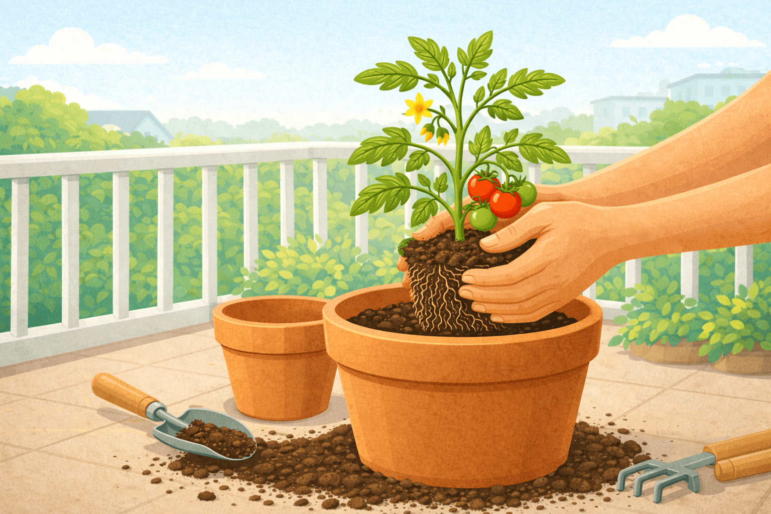 Tomatenpflanze wird in einen größeren Topf umgetopft