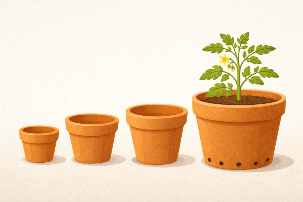 Unterschiedliche Topfgrößen für Tomatenpflanzen mit Drainageloch