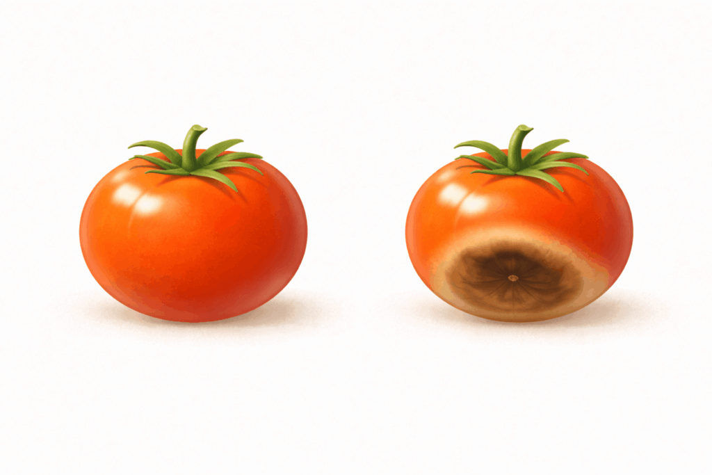 Blütenendfäule bei Tomaten erkennen – braune Stelle an der Unterseite der Frucht