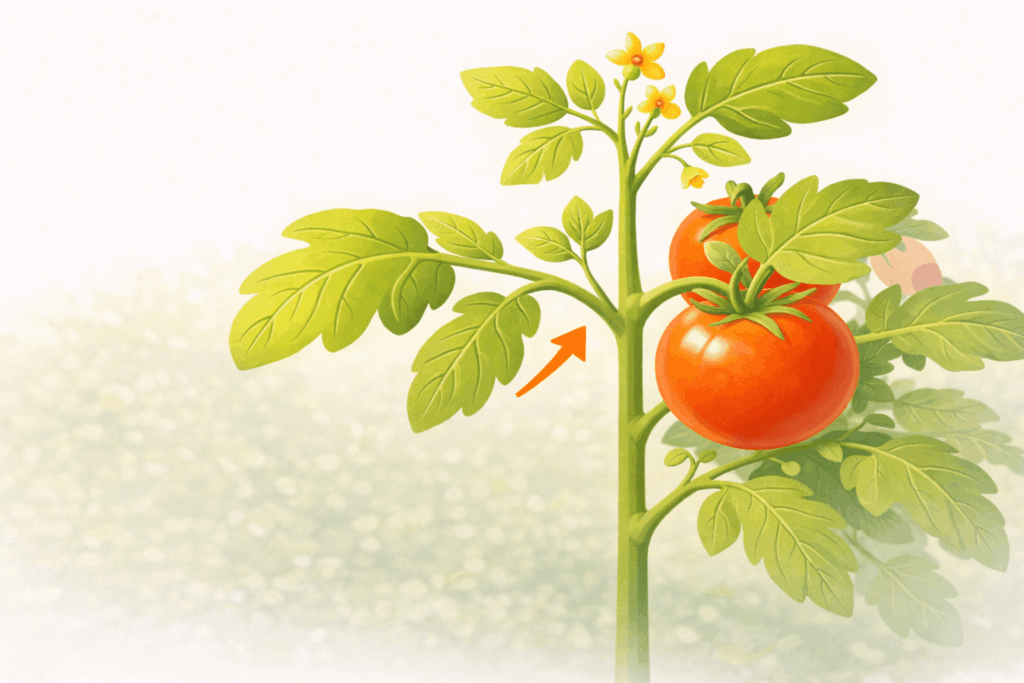 Geiztrieb bei Tomaten erkennen – Seitentrieb zwischen Blatt und Haupttrieb