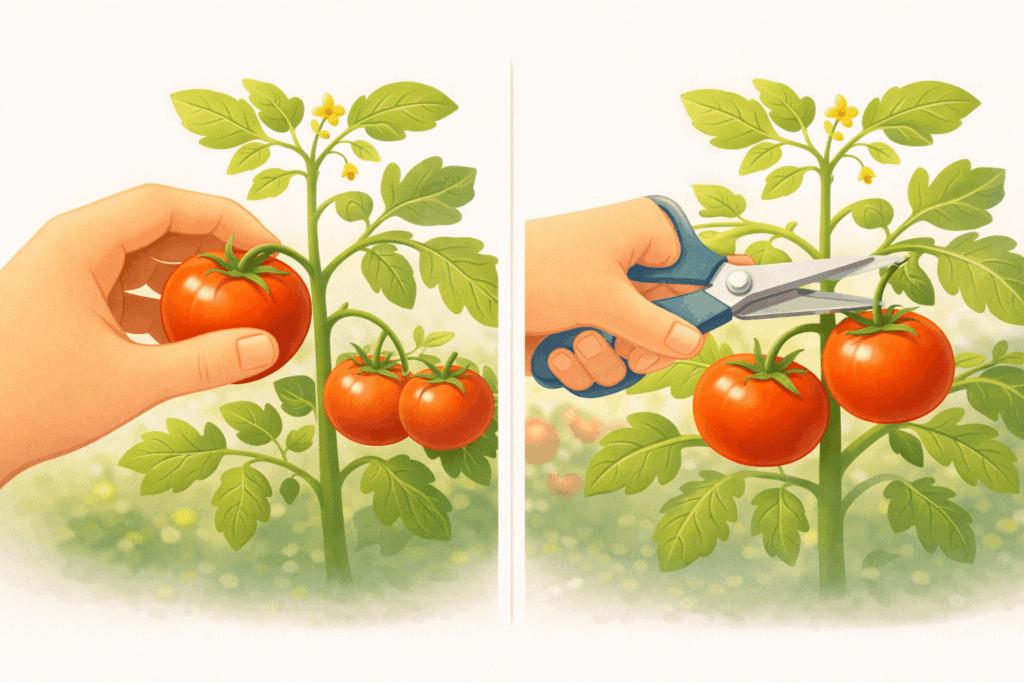 Tomaten richtig ernten mit der Hand oder mit einer Schere